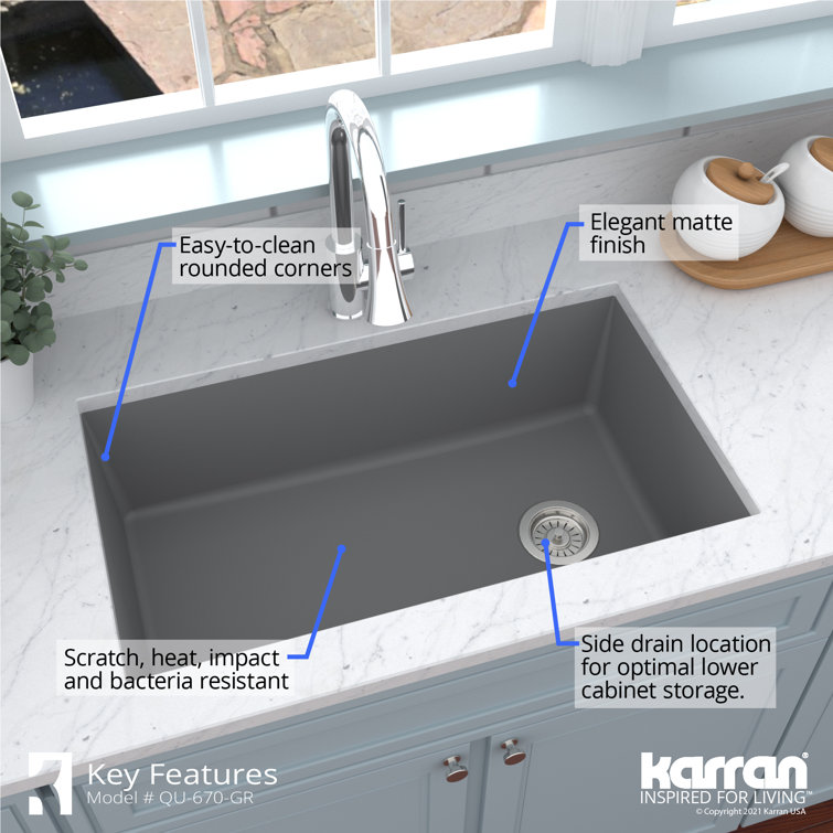 Gray Quartz Composite 32'' Single Bowl Undermount Kitchen Sink