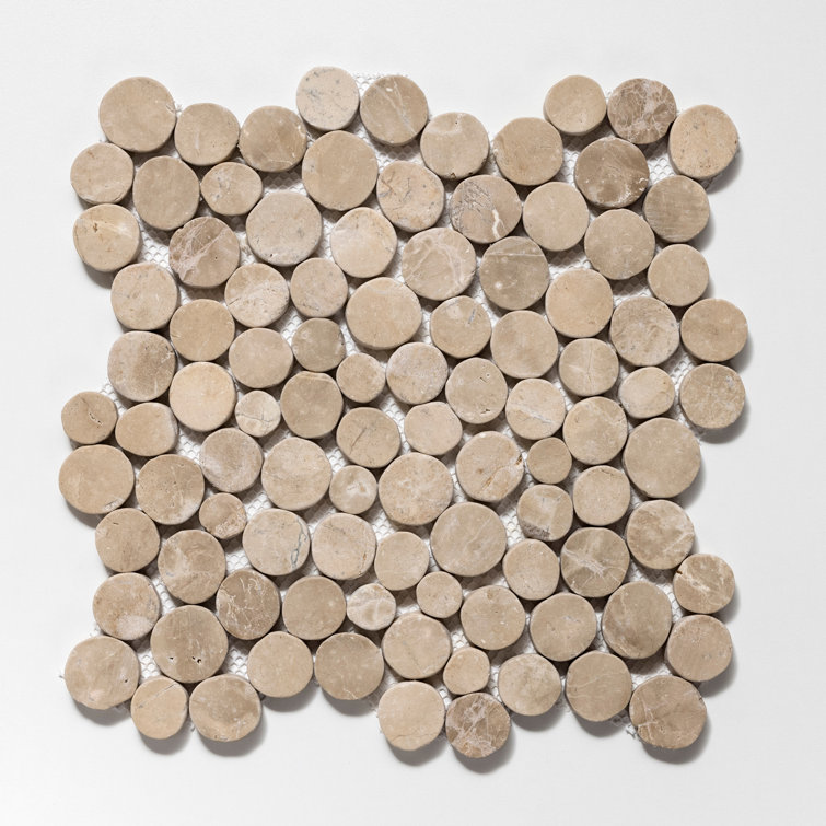 Tan 12" x 12" Tumbled Marble Penny Round Mosaic Tile