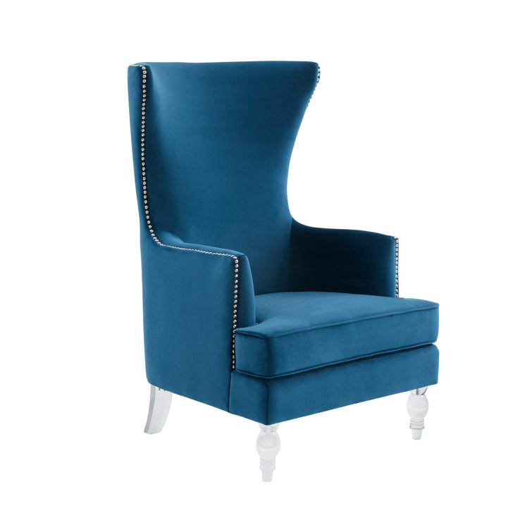 Regal Navy Velvet Wingback Accent Chair with Wooden Legs