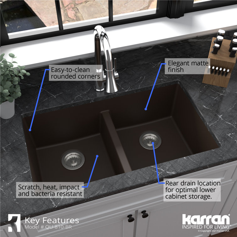Brown Quartz 32'' Double Bowl Undermount Kitchen Sink