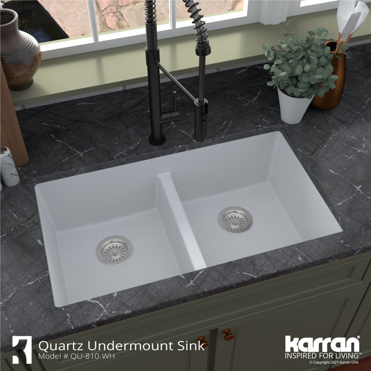 White Quartz Double Bowl Undermount Kitchen Sink, 32"