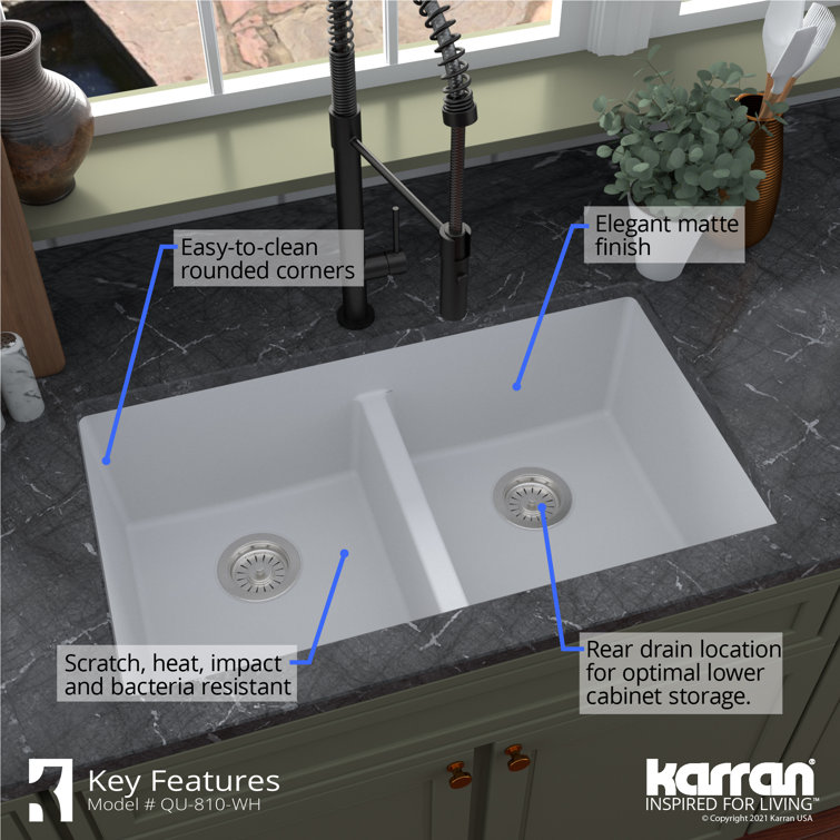 White Quartz Double Bowl Undermount Kitchen Sink, 32"
