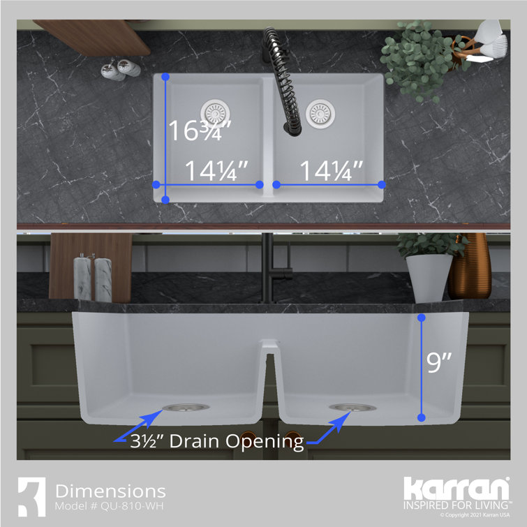 White Quartz Double Bowl Undermount Kitchen Sink, 32"