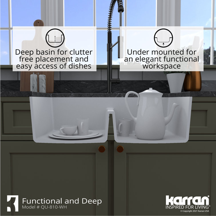 White Quartz Double Bowl Undermount Kitchen Sink, 32"