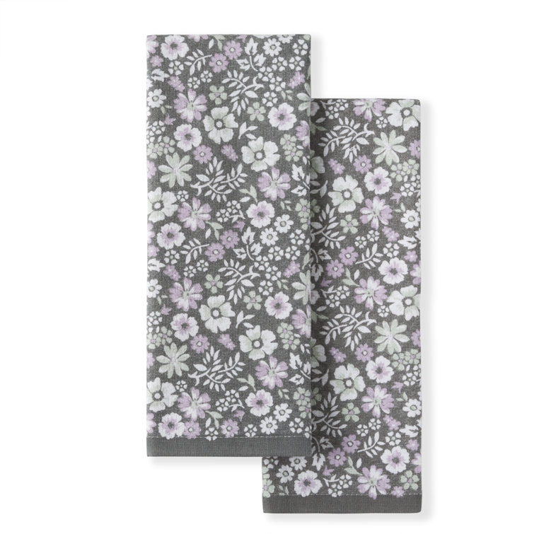 Gray and White Floral Cotton Kitchen Towel Set, 2-Pack