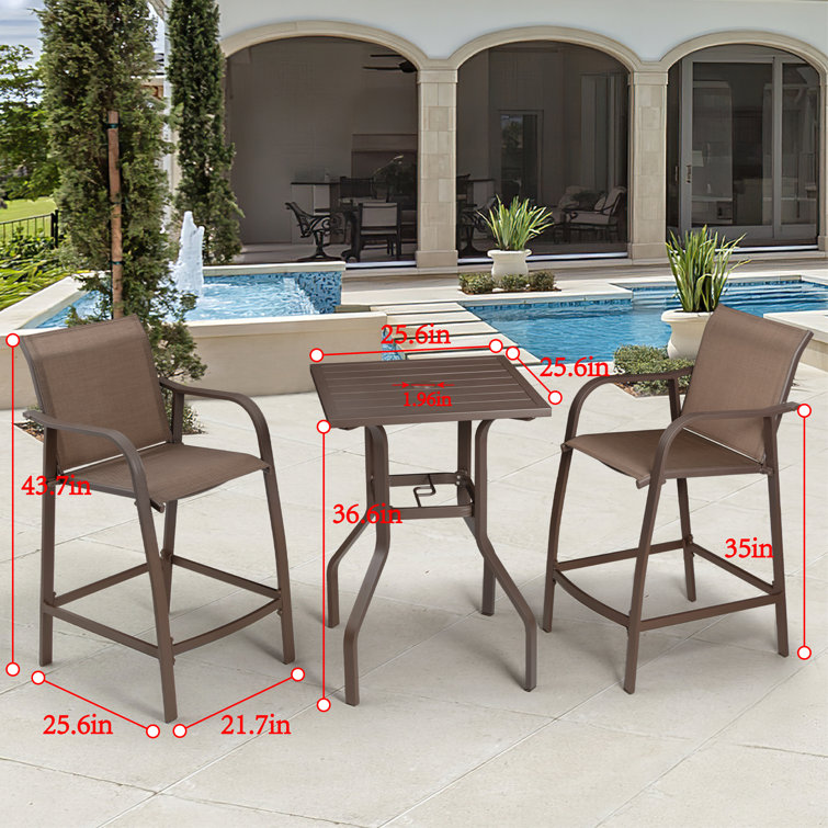 Brown Metal 3-Piece Square Outdoor Bar Height Dining Set
