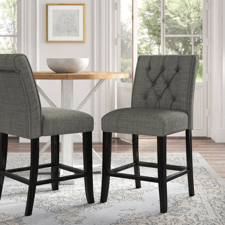 Gray Upholstered Counter Stools with Black Wood Legs, Set of 2