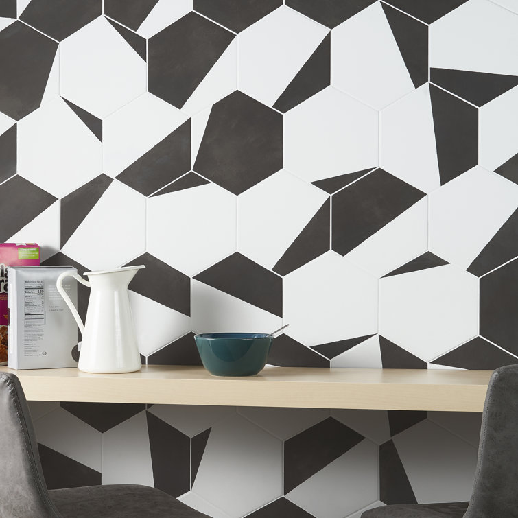 GeoHex Burst 8" Hexagon Matte Black and White Porcelain Tile