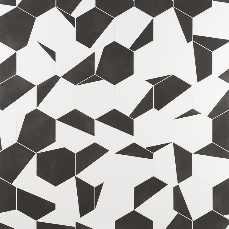 GeoHex Burst 8" Hexagon Matte Black and White Porcelain Tile