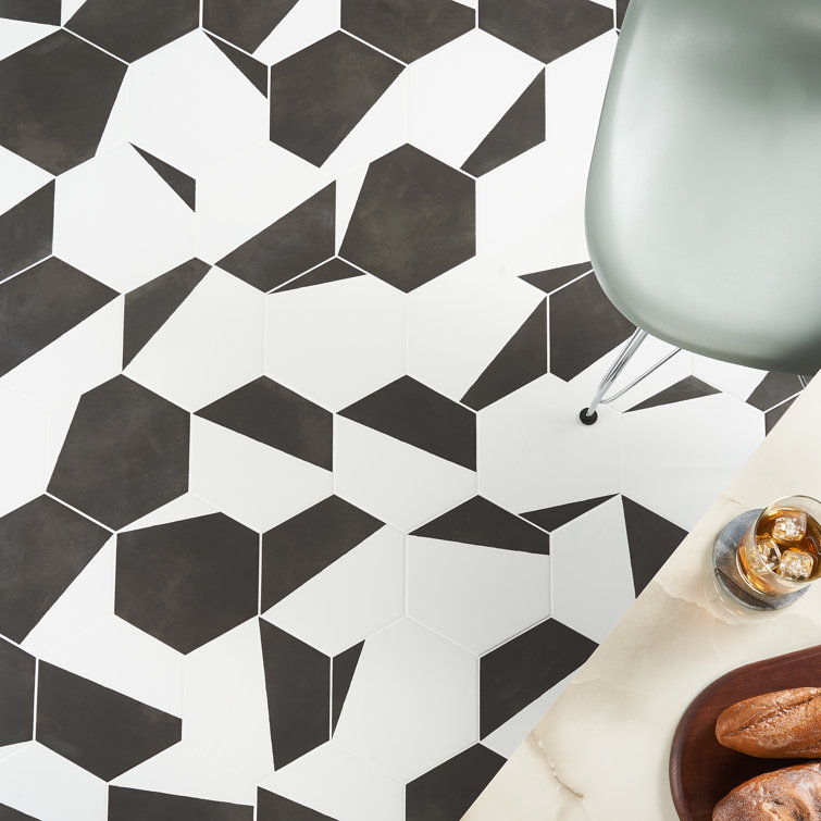 GeoHex Burst 8" Hexagon Matte Black and White Porcelain Tile