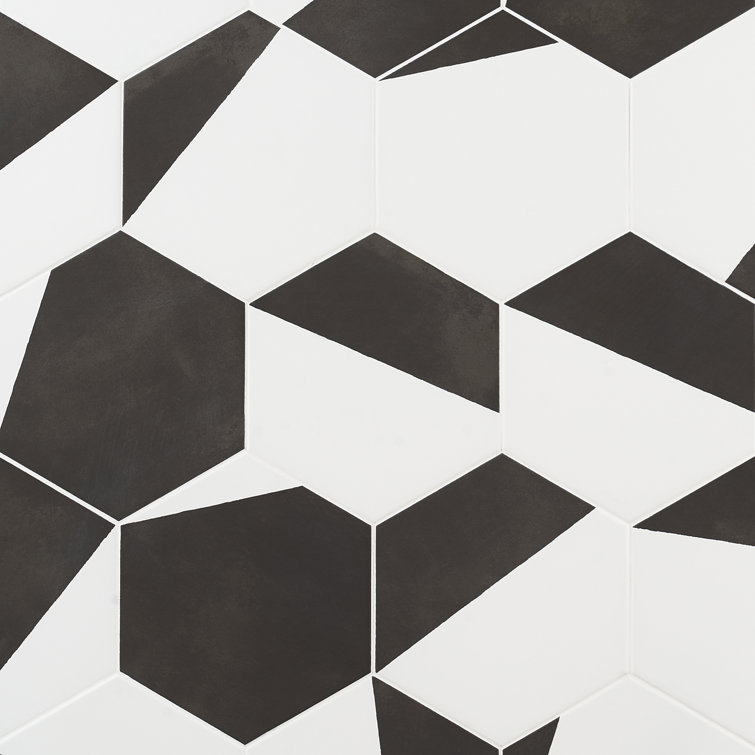 GeoHex Burst 8" Hexagon Matte Black and White Porcelain Tile