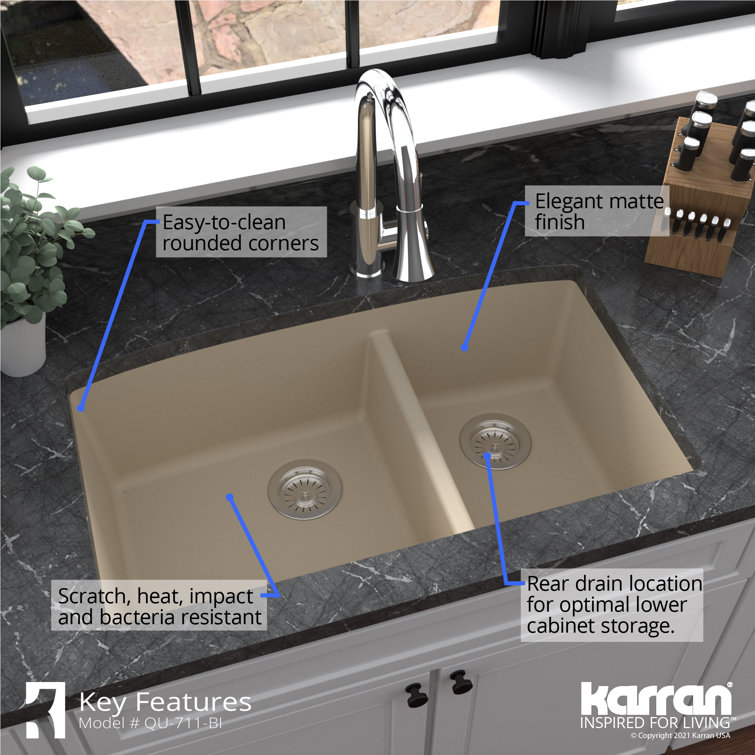 Bisque Quartz Composite 32'' Double Bowl Undermount Kitchen Sink