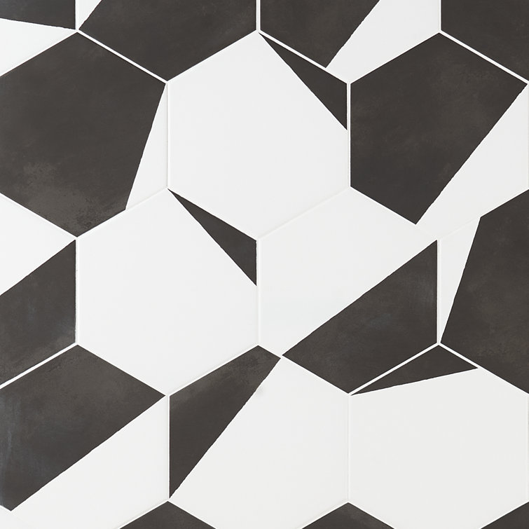 GeoHex Burst 8" Hexagon Matte Black and White Porcelain Tile