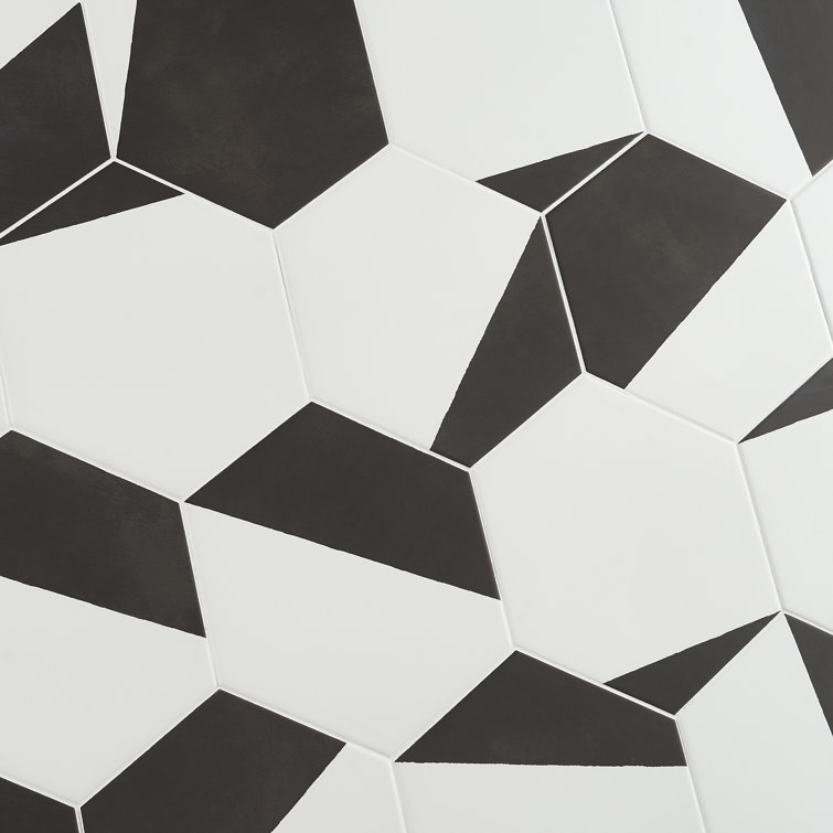 GeoHex Burst 8" Hexagon Matte Black and White Porcelain Tile
