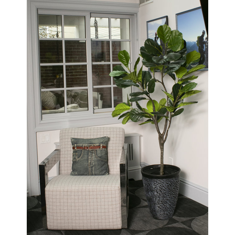 Tall Green Faux Fiddle Leaf Fig Tree in Gray Planter