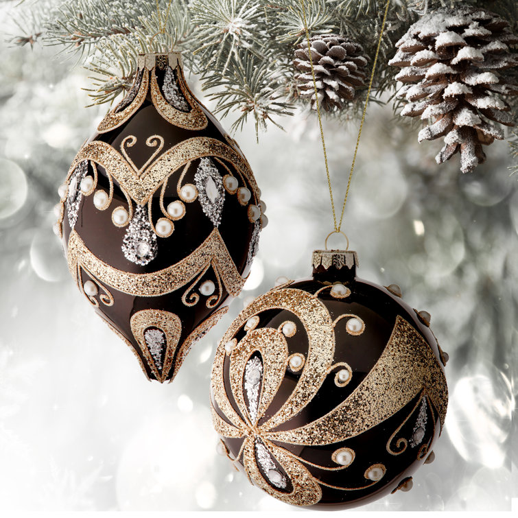 Elegant Black and Gold Glass Hanging Ornament Set