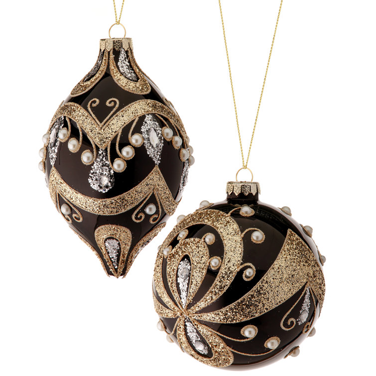 Elegant Black and Gold Glass Hanging Ornament Set