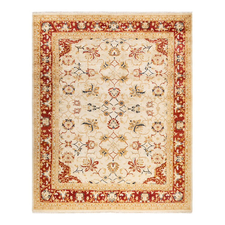 Hand-Knotted Ivory and Red Wool Floral 8' x 10' Area Rug