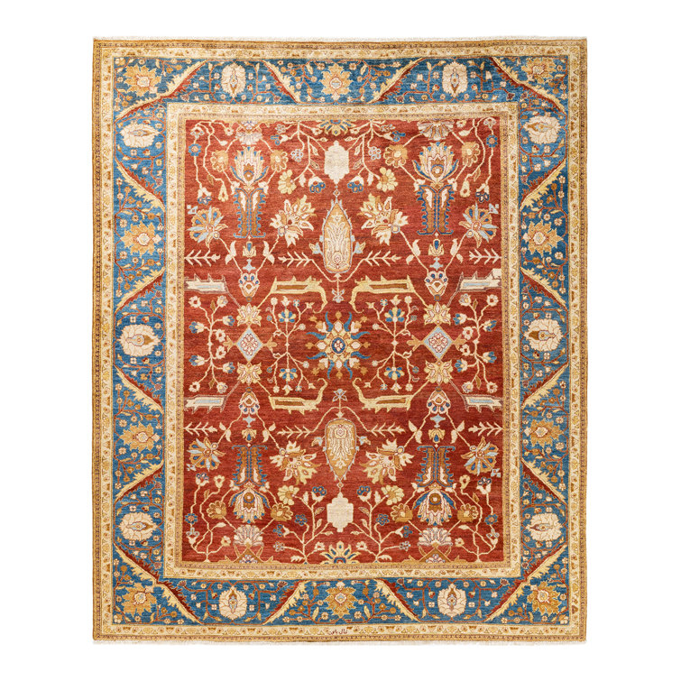Hand-Knotted Burnt Orange and Blue Wool Area Rug
