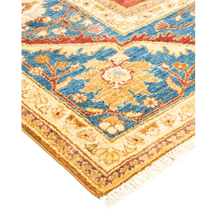 Hand-Knotted Burnt Orange and Blue Wool Area Rug