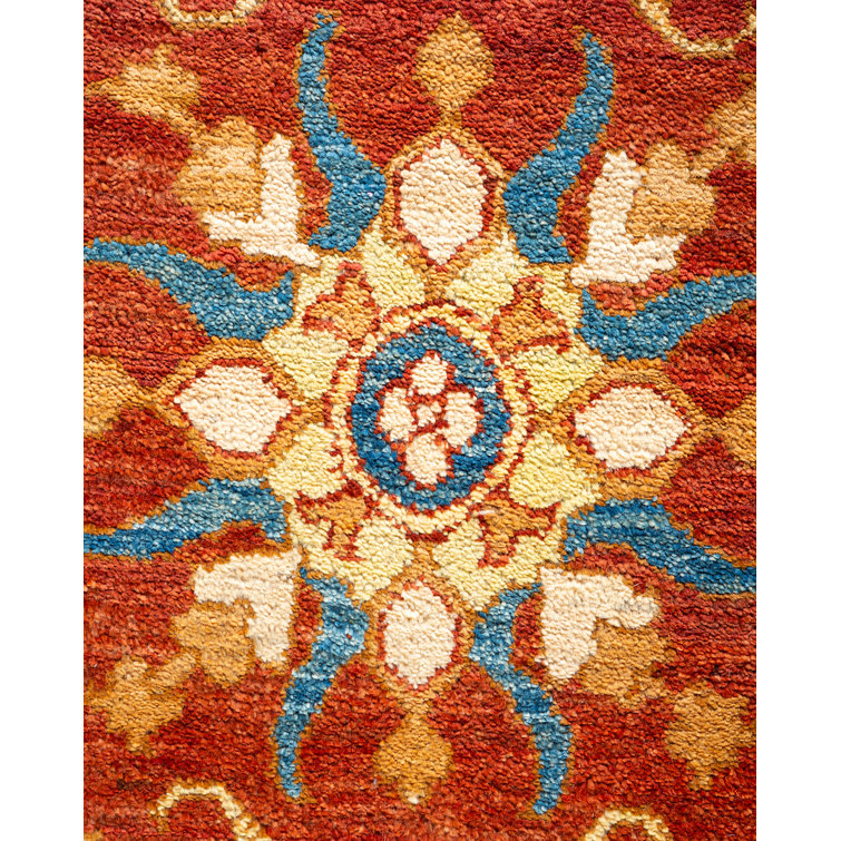 Hand-Knotted Burnt Orange and Blue Wool Area Rug