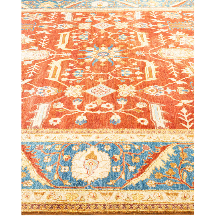 Hand-Knotted Burnt Orange and Blue Wool Area Rug
