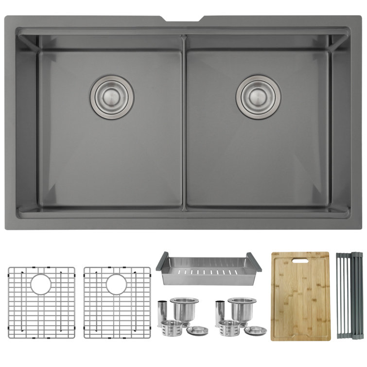 Graphite Black 32" Stainless Steel Double Bowl Workstation Sink