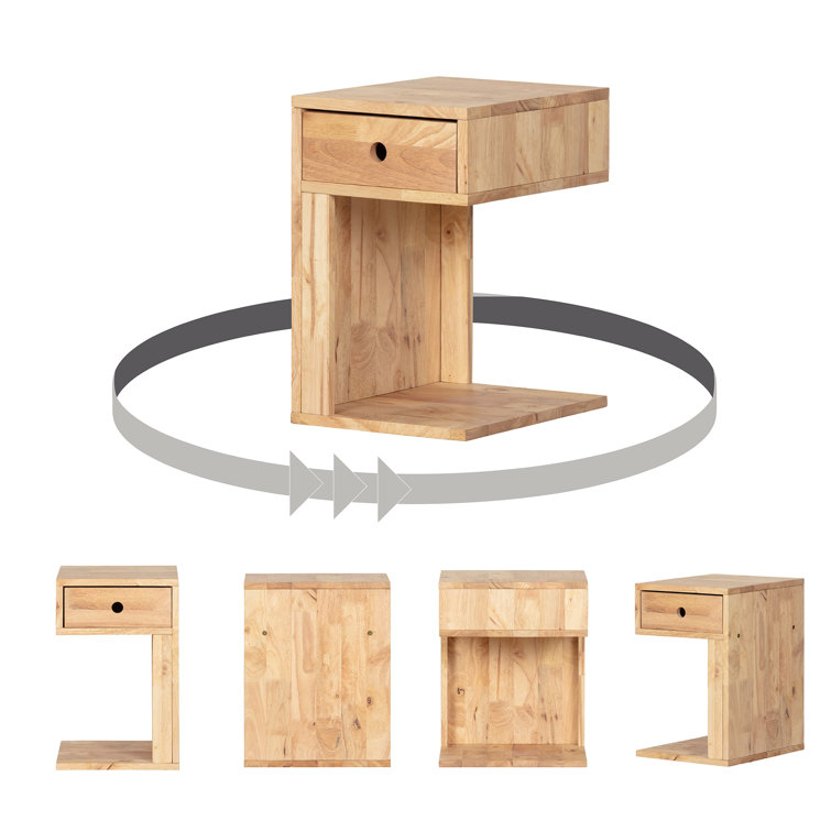 Natural Wood 1-Drawer C-Shaped End Table