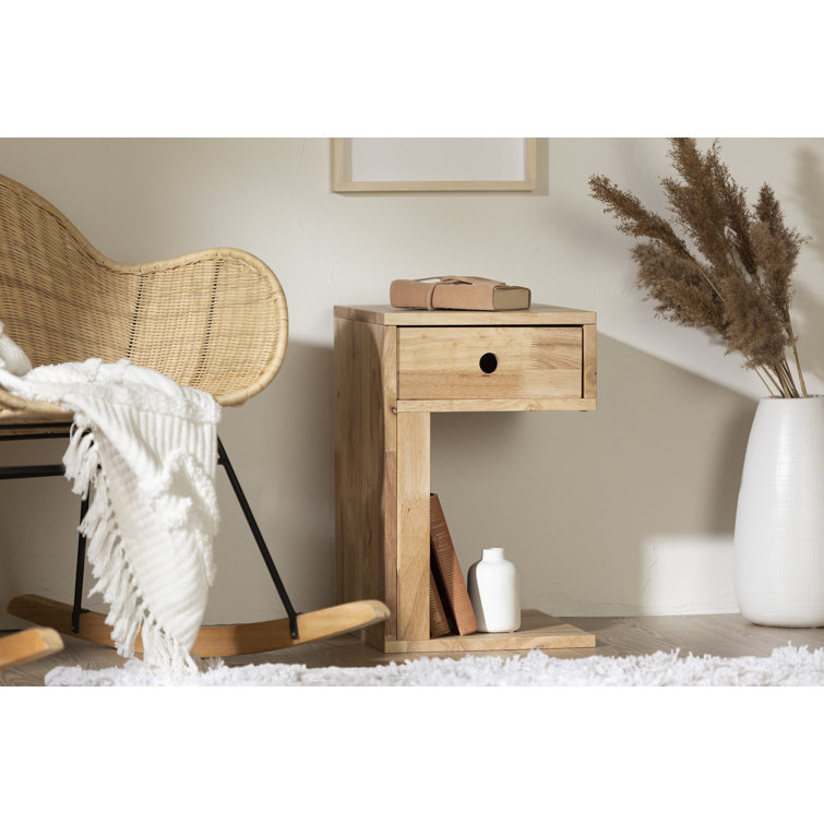 Natural Wood 1-Drawer C-Shaped End Table