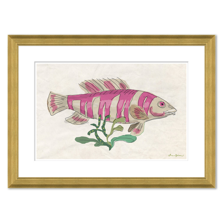 Pink Striped Fish Print in Gold Wood Frame