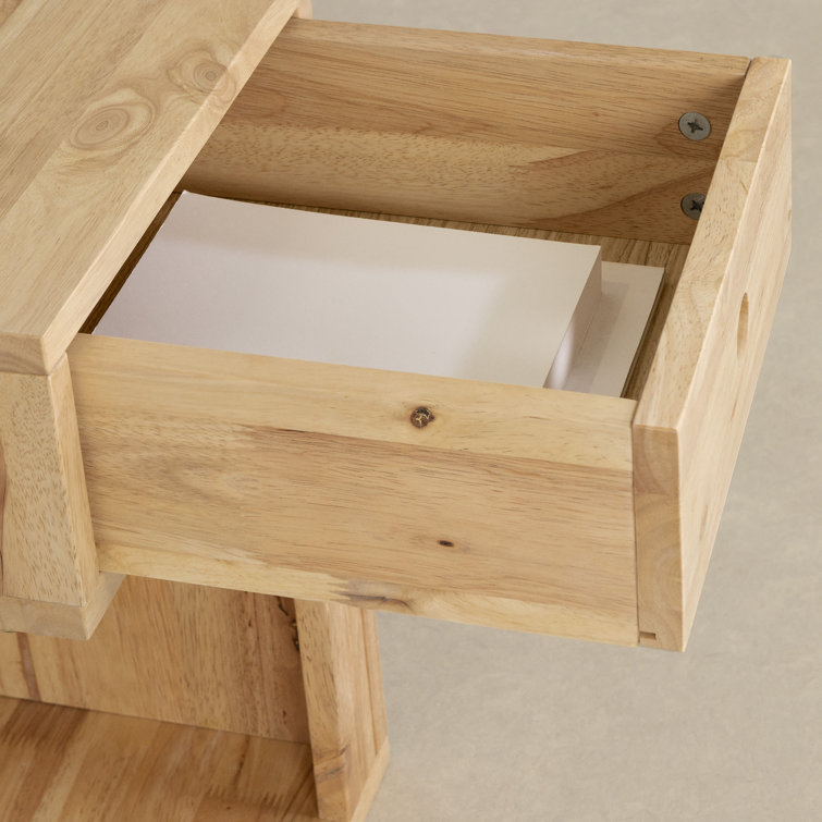 Natural Wood 1-Drawer C-Shaped End Table