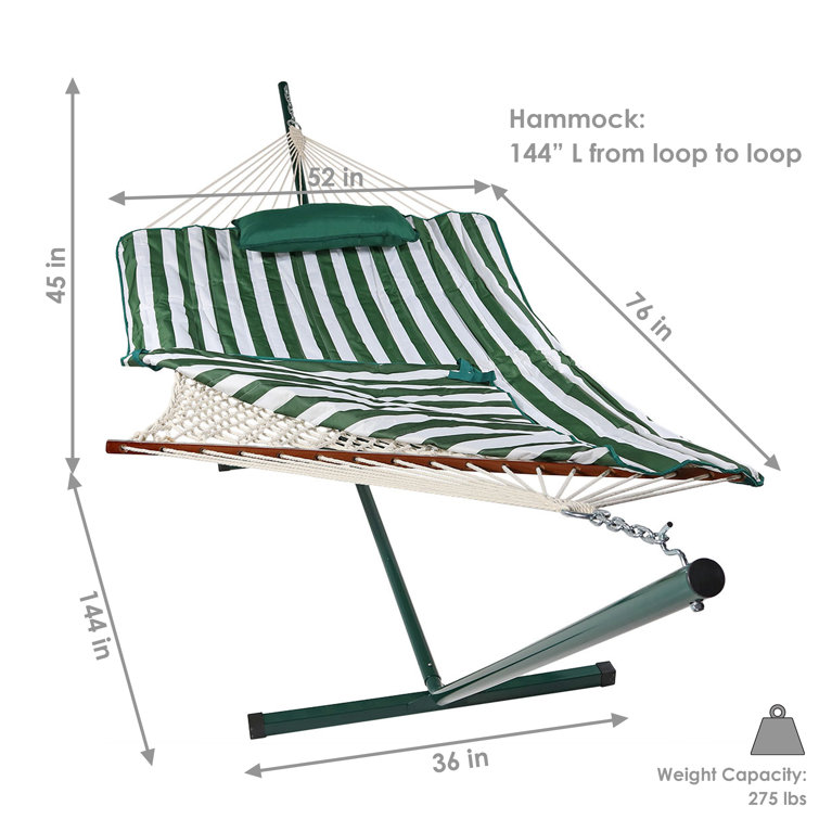 Green and White Stripe Cotton Rope Hammock with Steel Stand
