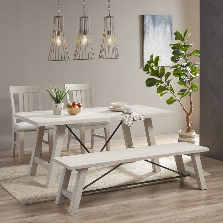 Reclaimed White Pine Wood Dining Bench with Metal Stretchers