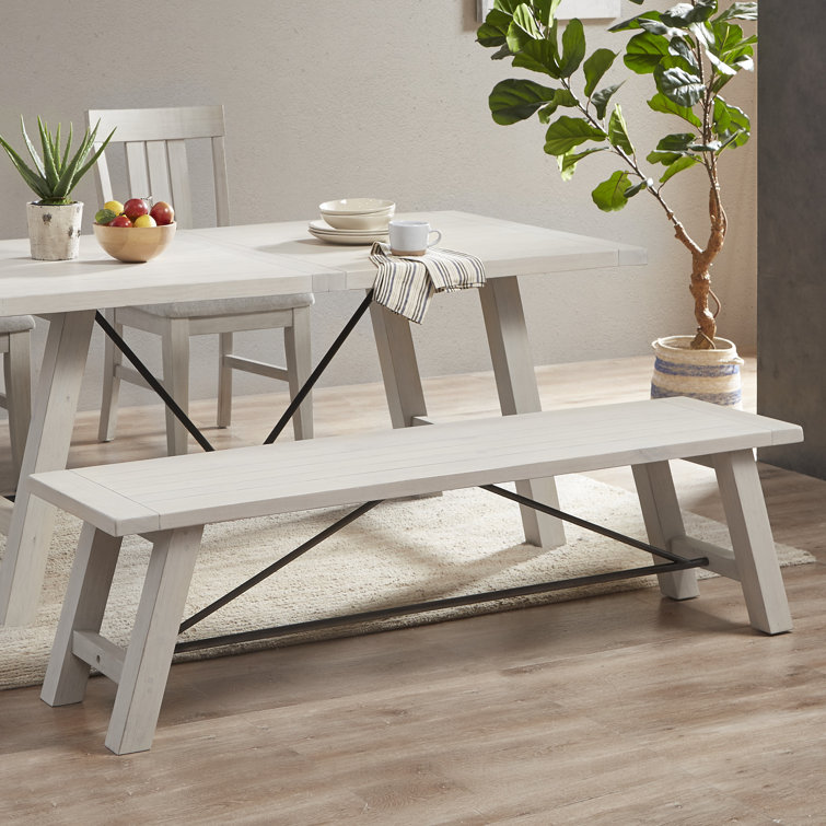 Reclaimed White Pine Wood Dining Bench with Metal Stretchers