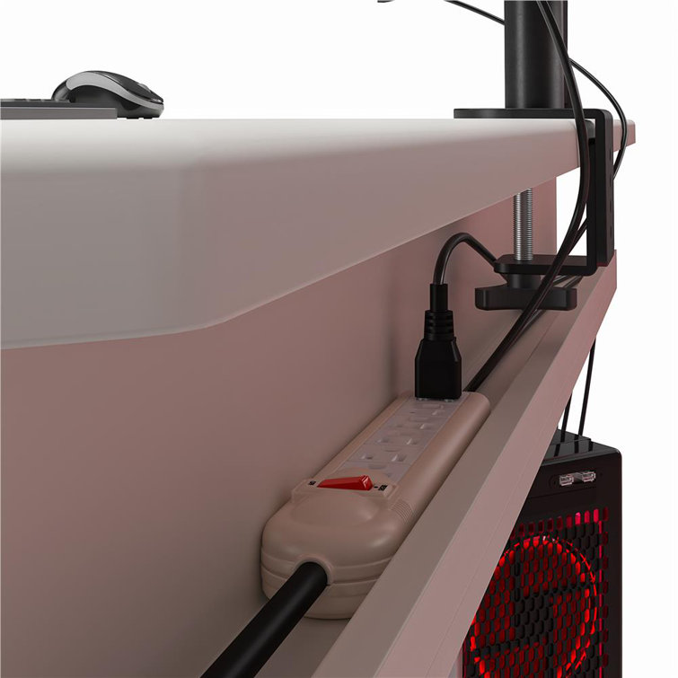 White and Silver L-Shaped Gaming Desk with CPU Stand