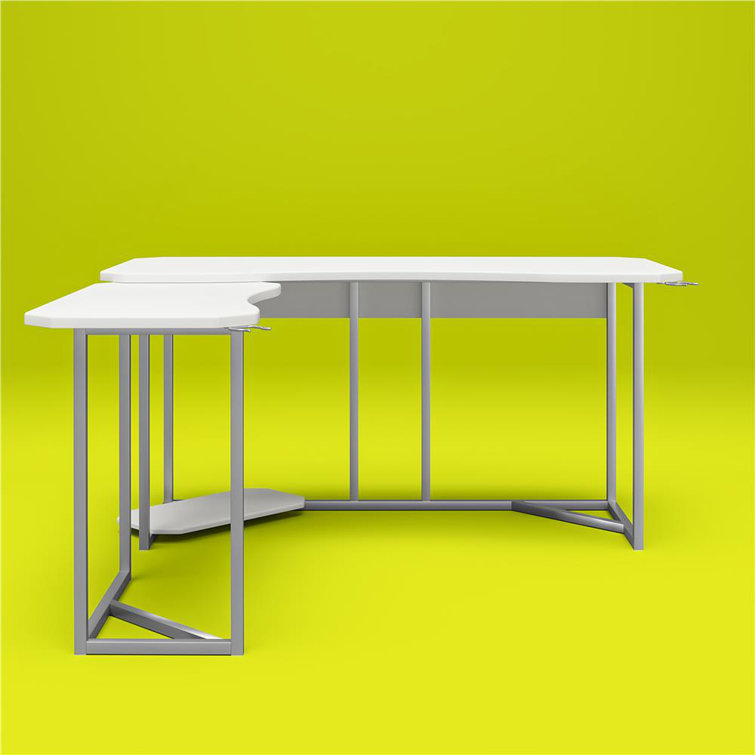 White and Silver L-Shaped Gaming Desk with CPU Stand