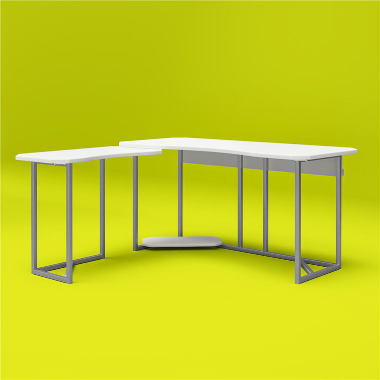 White and Silver L-Shaped Gaming Desk with CPU Stand