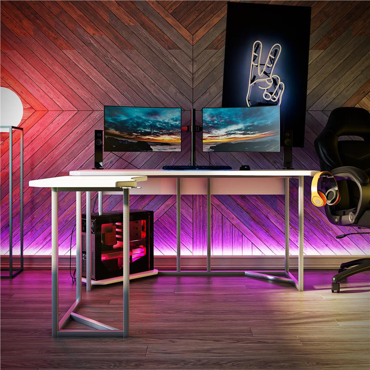 White and Silver L-Shaped Gaming Desk with CPU Stand