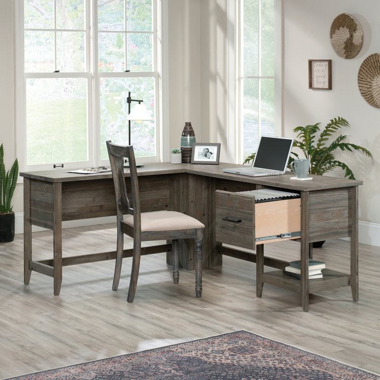 Pebble Pine L-Shaped Computer Desk with Drawer and Filing Cabinet