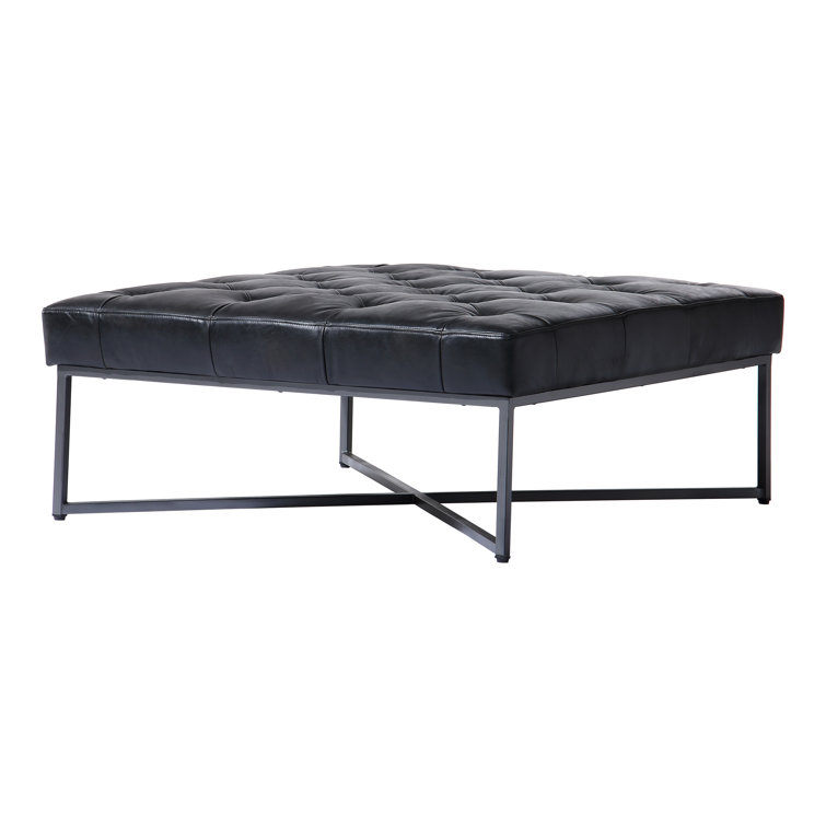 Somerton Tufted Black Leather Ottoman with Pine X-Base
