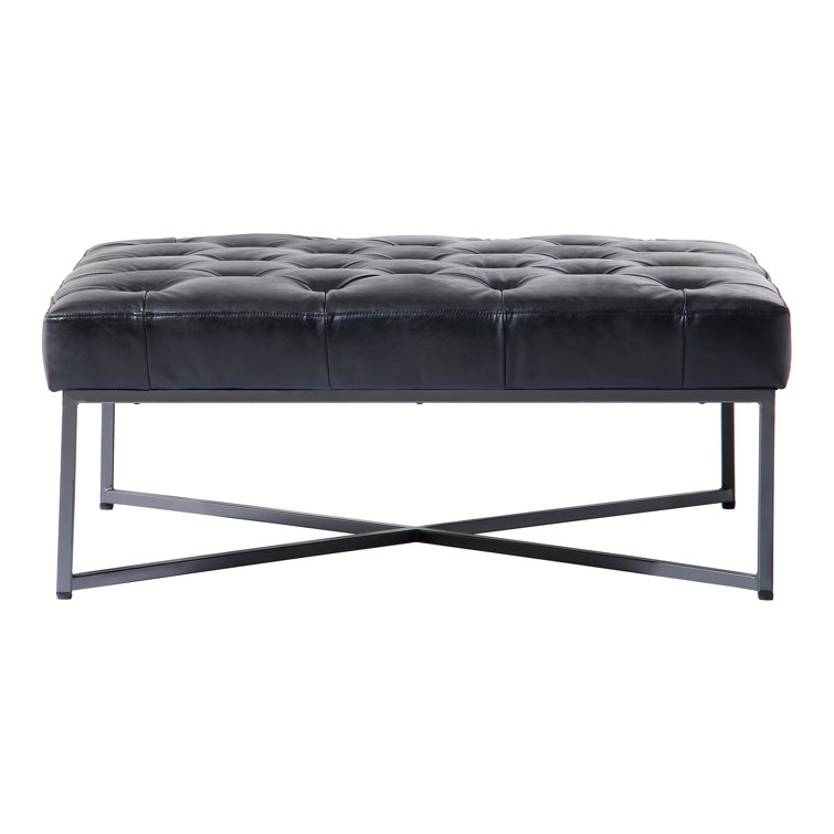 Somerton Tufted Black Leather Ottoman with Pine X-Base