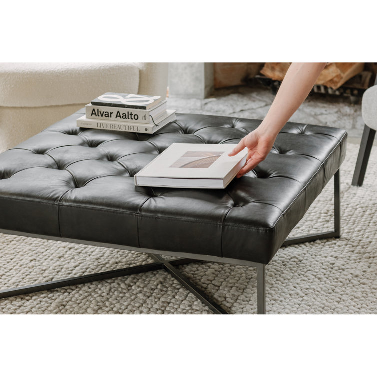 Somerton Tufted Black Leather Ottoman with Pine X-Base