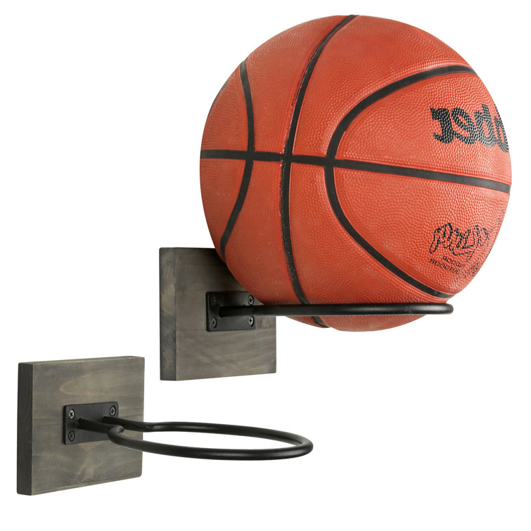 Rustic Gray Wood and Black Metal Wall Mounted Sports Ball Holder