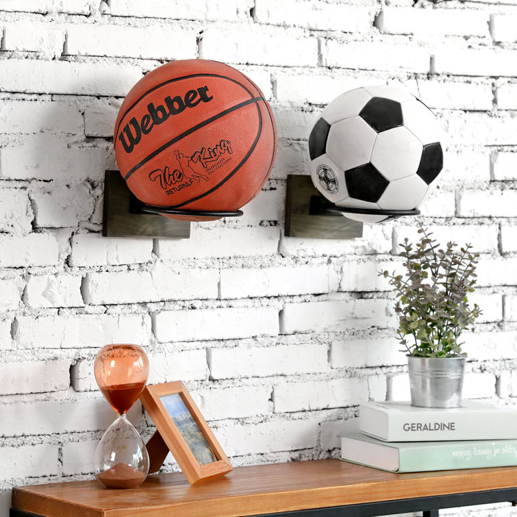 Rustic Gray Wood and Black Metal Wall Mounted Sports Ball Holder