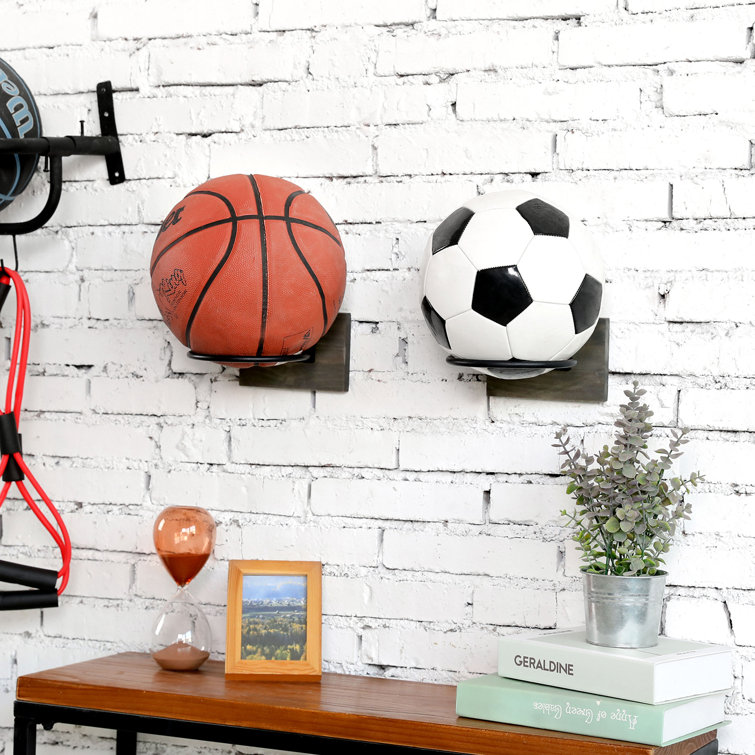 Rustic Gray Wood and Black Metal Wall Mounted Sports Ball Holder