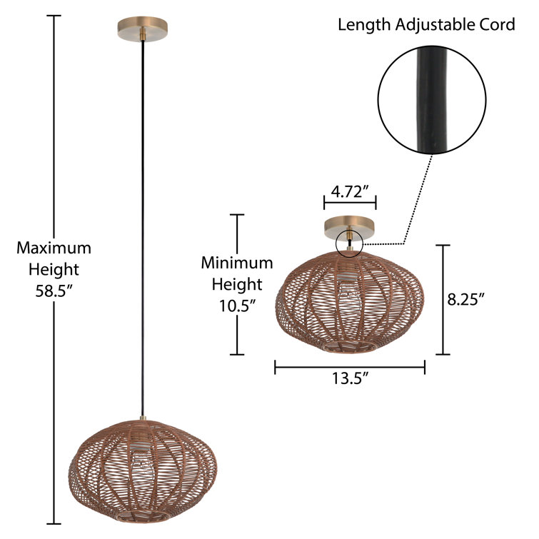 Modern 14'' Globe Pendant Light with Woven Rattan Shade, Brown
