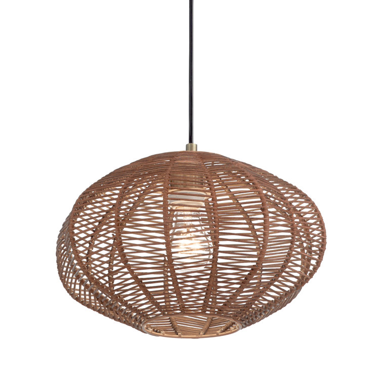 Modern 14'' Globe Pendant Light with Woven Rattan Shade, Brown