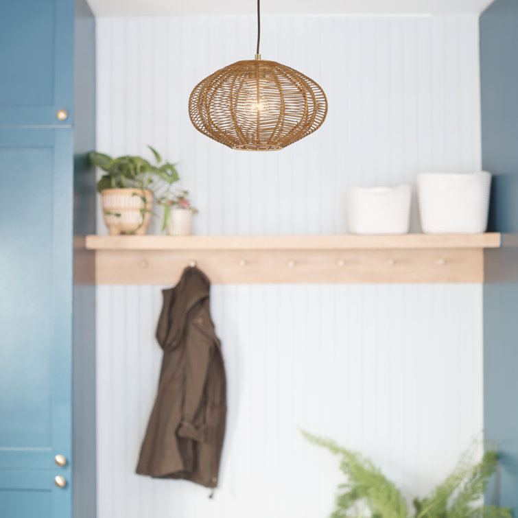 Modern 14'' Globe Pendant Light with Woven Rattan Shade, Brown