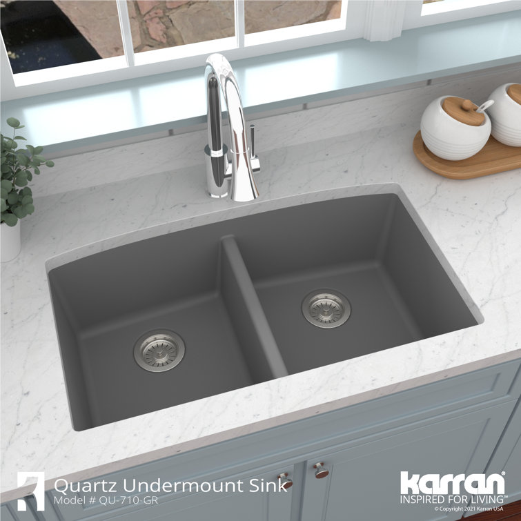 Gray Quartz Double Bowl Undermount Kitchen Sink Kit