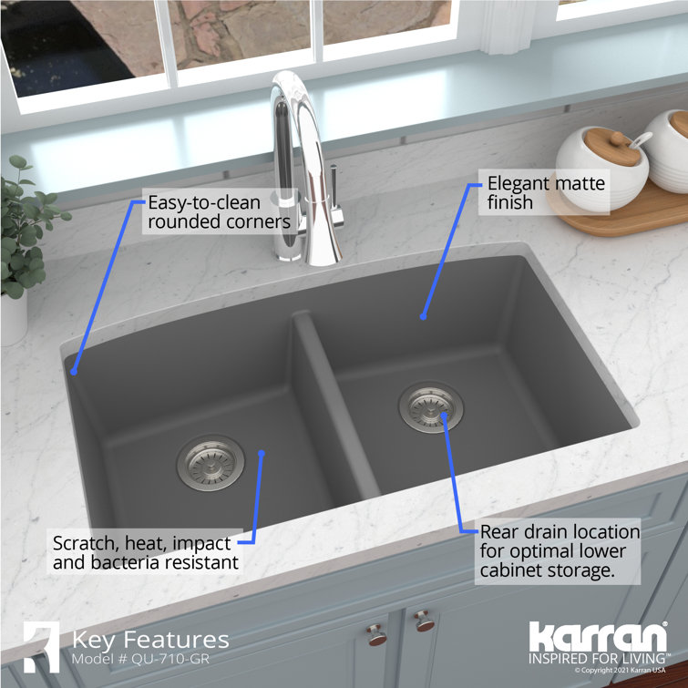 Gray Quartz Double Bowl Undermount Kitchen Sink Kit